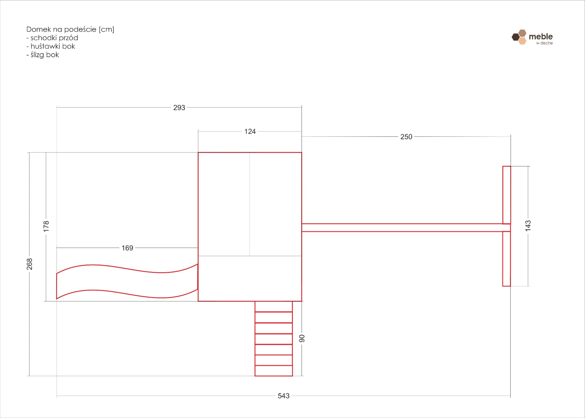 domek-zjezdzalnia-bok-chustawki schemat domku z zjeżdżalnią z boku
