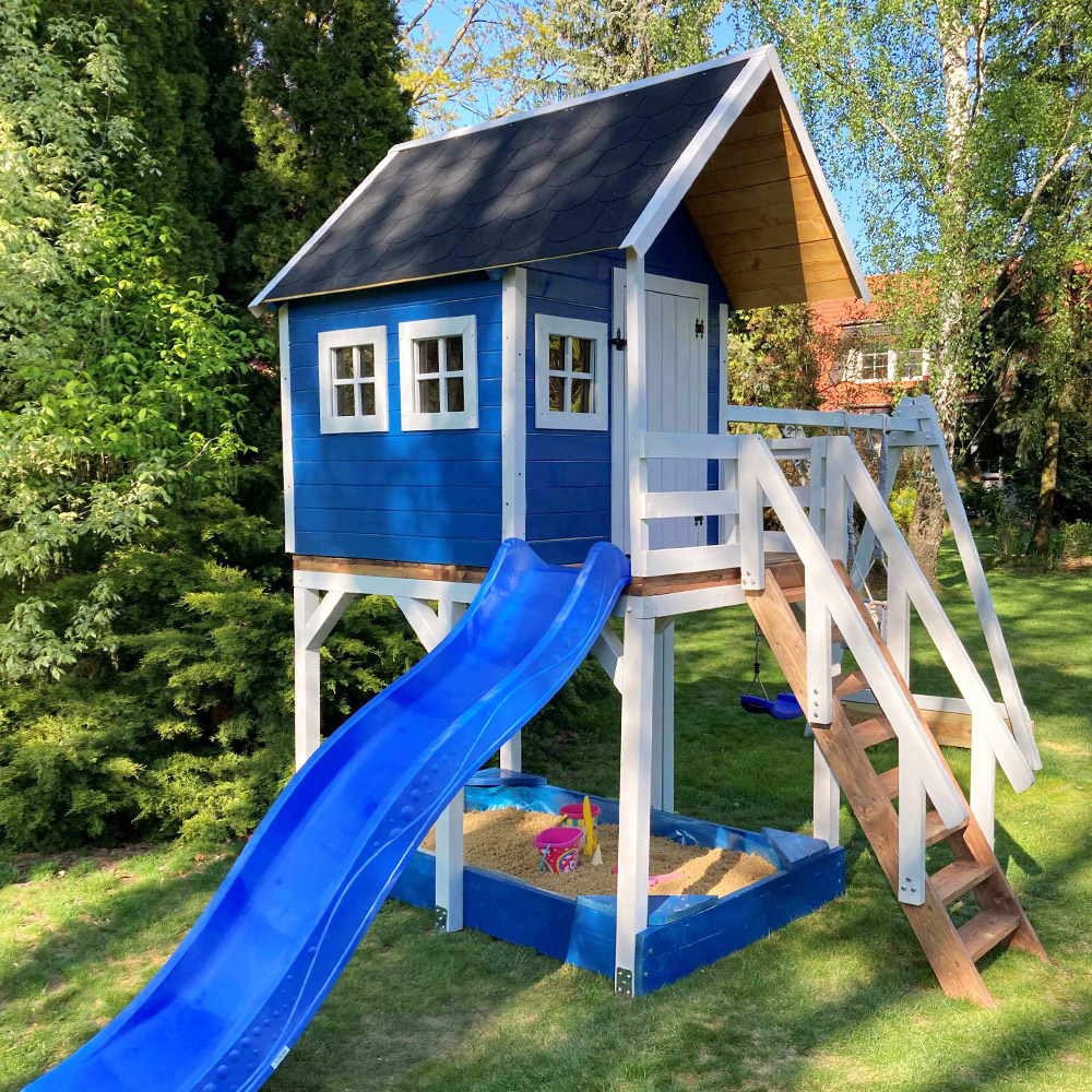 niebieski-domek-ogrodowy-zjezdzalnia-hustawki Niebieski domek ze zjeżdżalnią i huśtawką