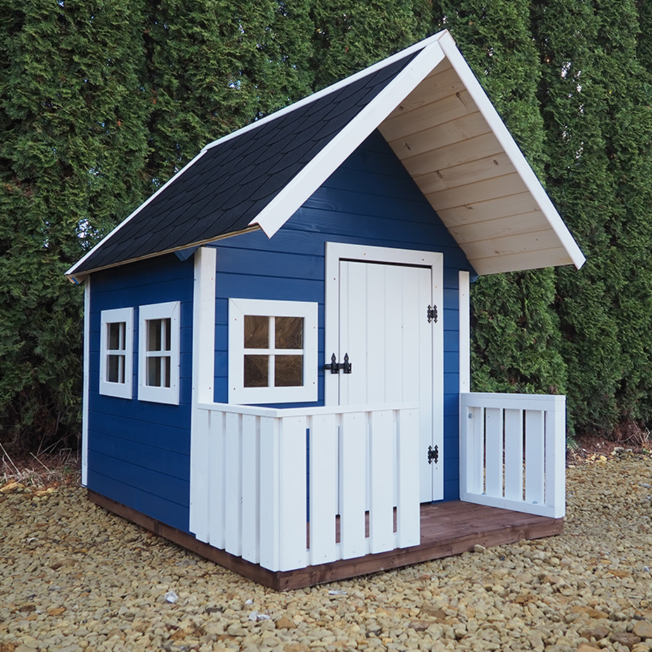 niebieski drewniany domek dla dzieci do ogrodu